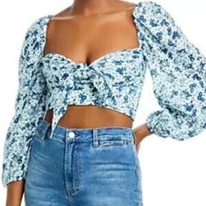 Bardot Blue Floral Cropped Off The Shoulder Top Sz 6 NWT